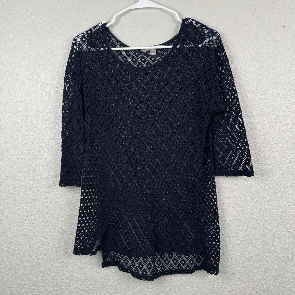 Valerie Stevens Sweater Womens Medium Navy Crochet Lace Tunic 3/4 Sleeve Sheer